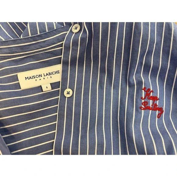 Maison Labiche Dress Size‎ S Blue Button Down Striped W/embroidered Keep Smiling - Picture 6 of 9